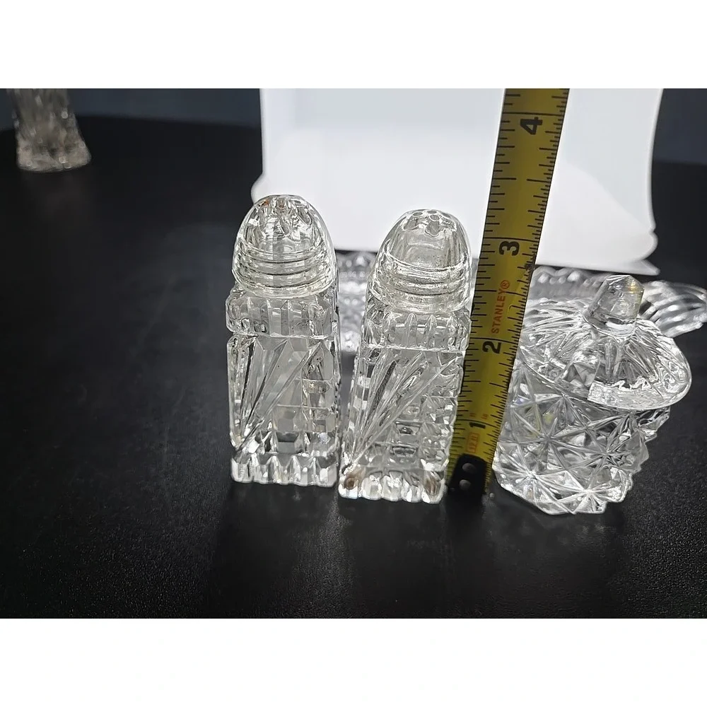 Vintage Crystal Glass Condiment Set Salt  Pepper Mustard Jam On Tray‎
